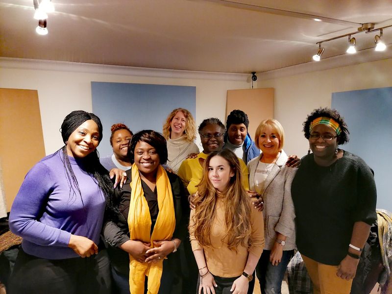 Singers from Luton Gospel Choir recording at In Phase Studio.